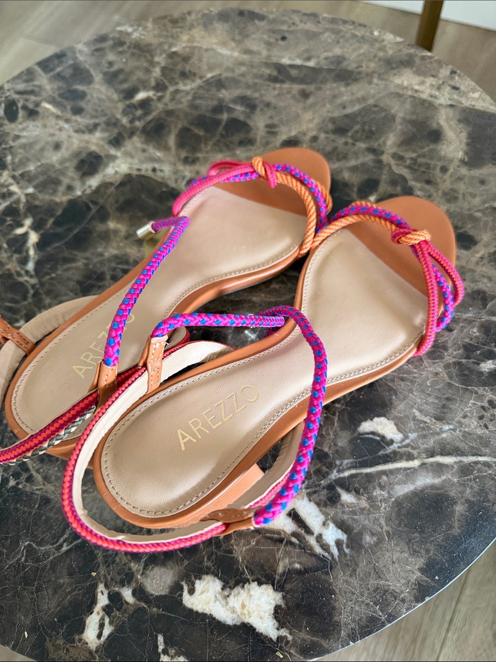 Arezzo Orange Leather Heeled Sandals with Pink & Purple Rope Ties - Picture 5 of 6